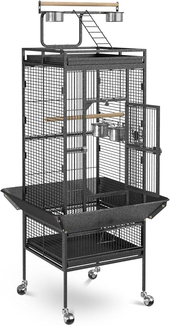 SUPER DEAL PRO 61-inch 2in1 Large Bird Cage with Rolling Stand Playtop Parrot Chinchilla Finch Cage Macaw Conure Cockatiel Cockatoo Pet House Wrought Iron Birdcage, Black