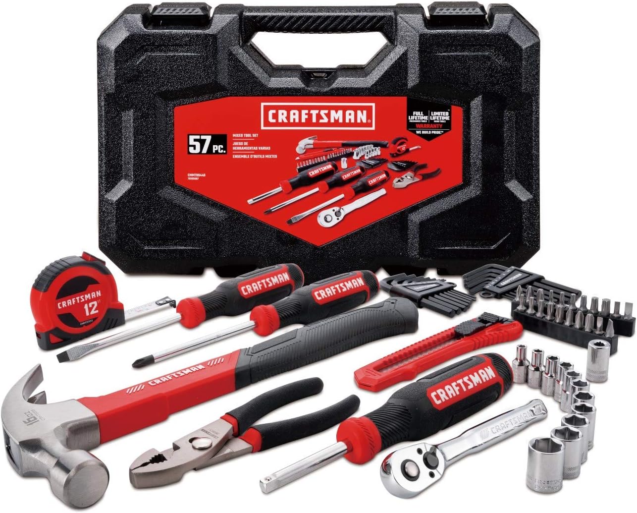 CRAFTSMAN Home Tool Kit Mechanics Tool Set 57 Piece Hammer Screwdrivers Drill Bits Sockets Ratchet Hex Keys Tape Measure Pliers and More CMMT99446